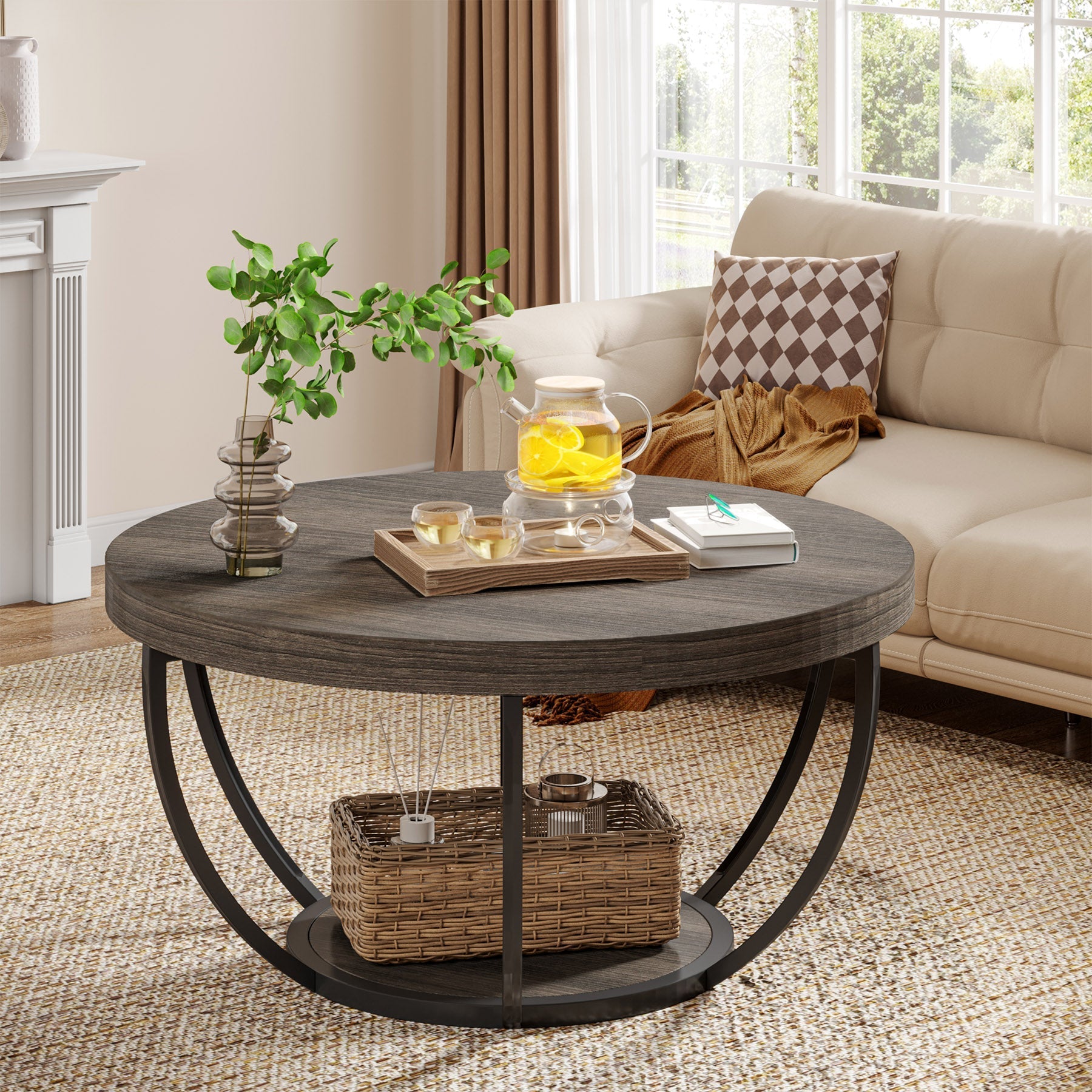 Table Basse Ronde – Bois et métal Ø80 cm