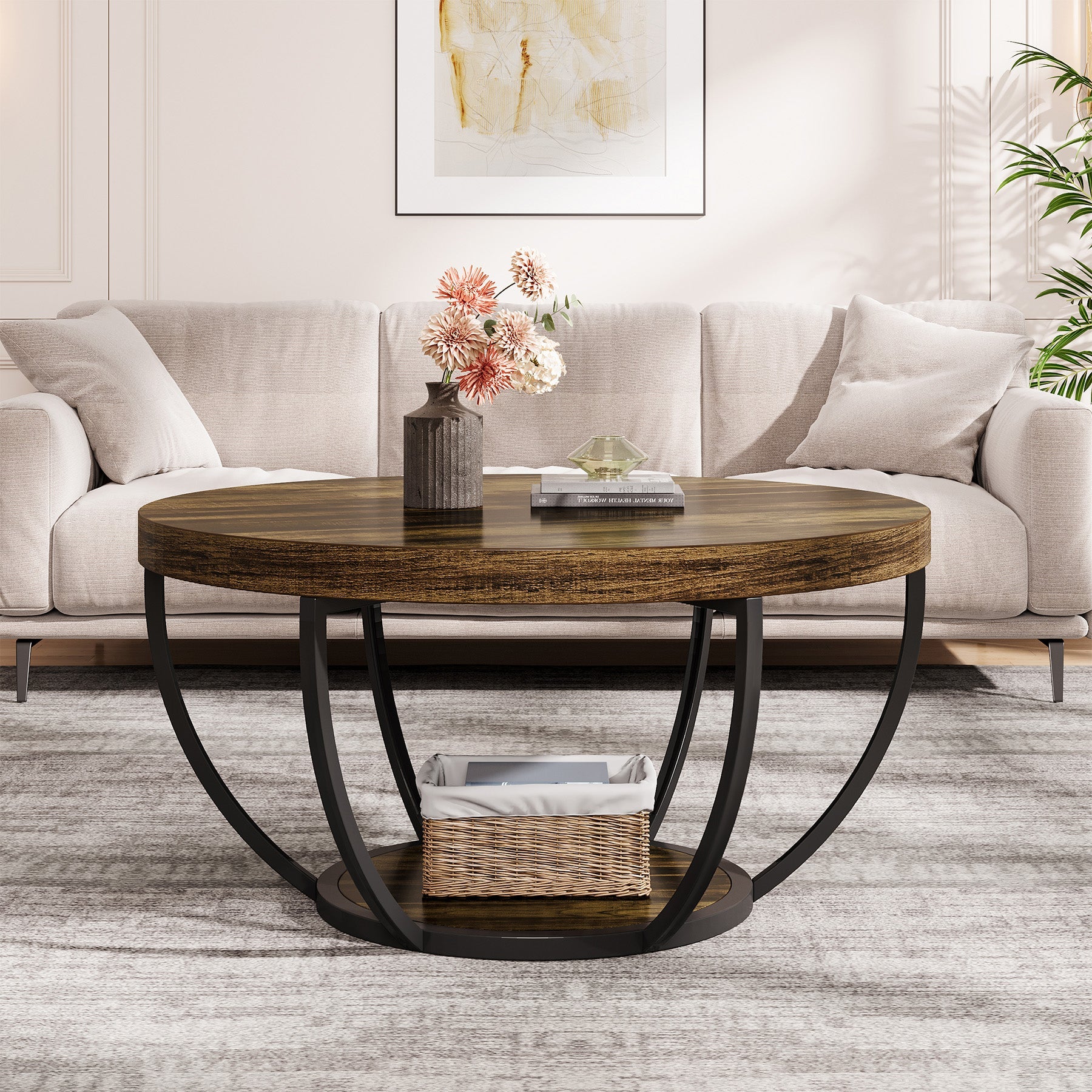 Table Basse Ronde – Bois et métal Ø80 cm