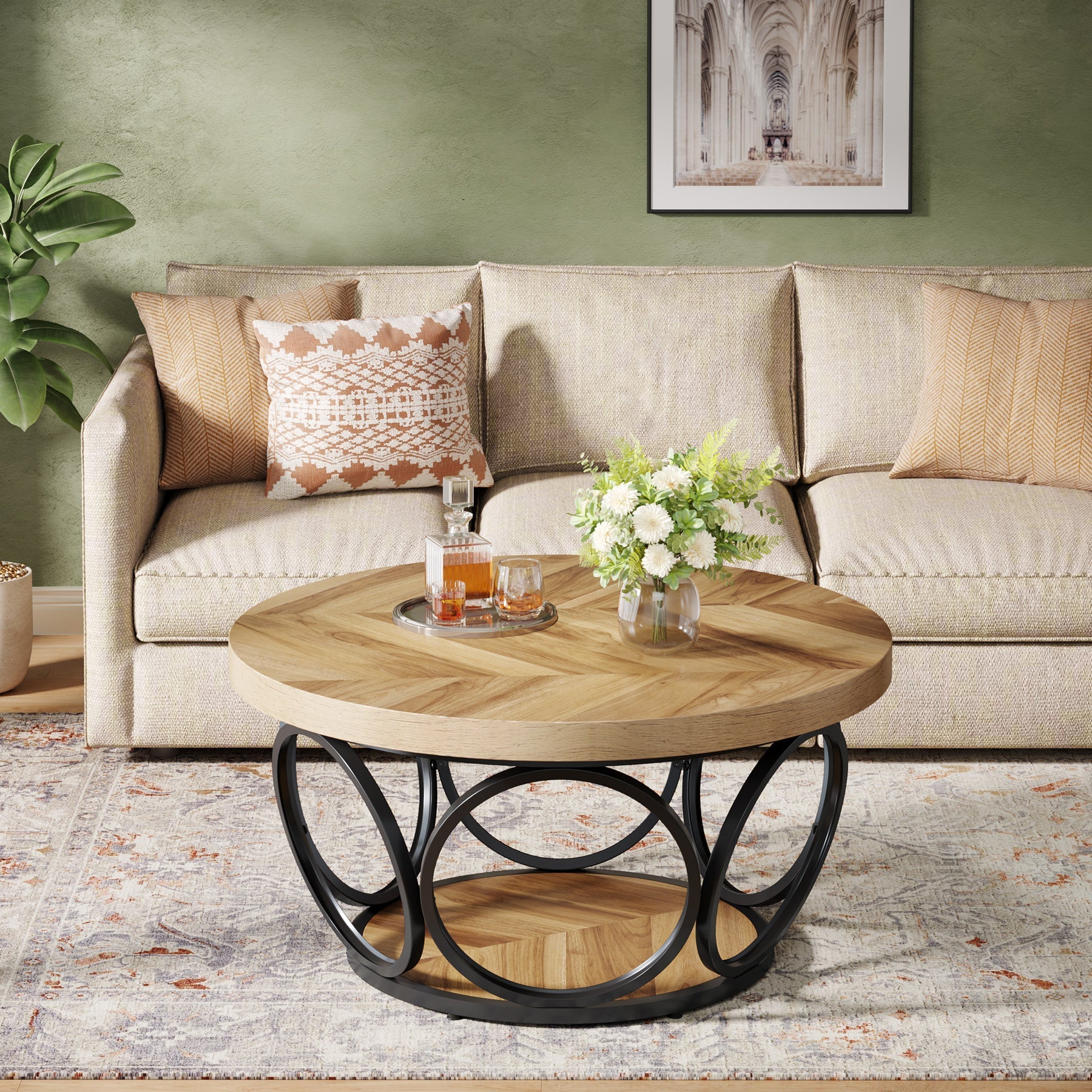 Table Basse Ronde – Bois et métal Ø80 cm