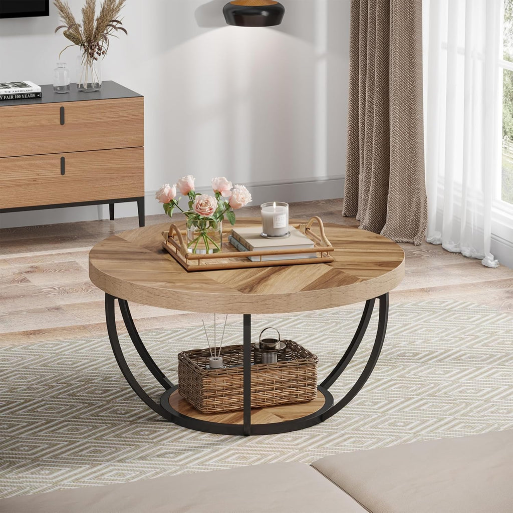 Table Basse Ronde – Bois et métal Ø80 cm