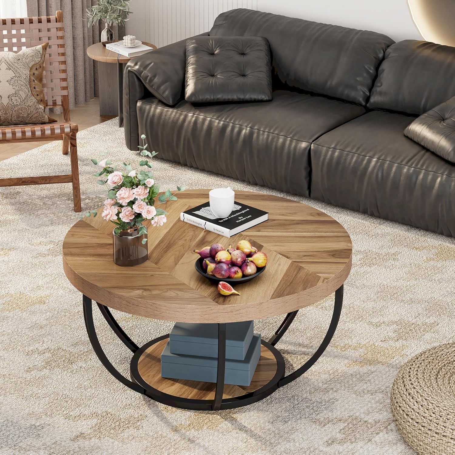 Table Basse Ronde – Bois et métal Ø80 cm