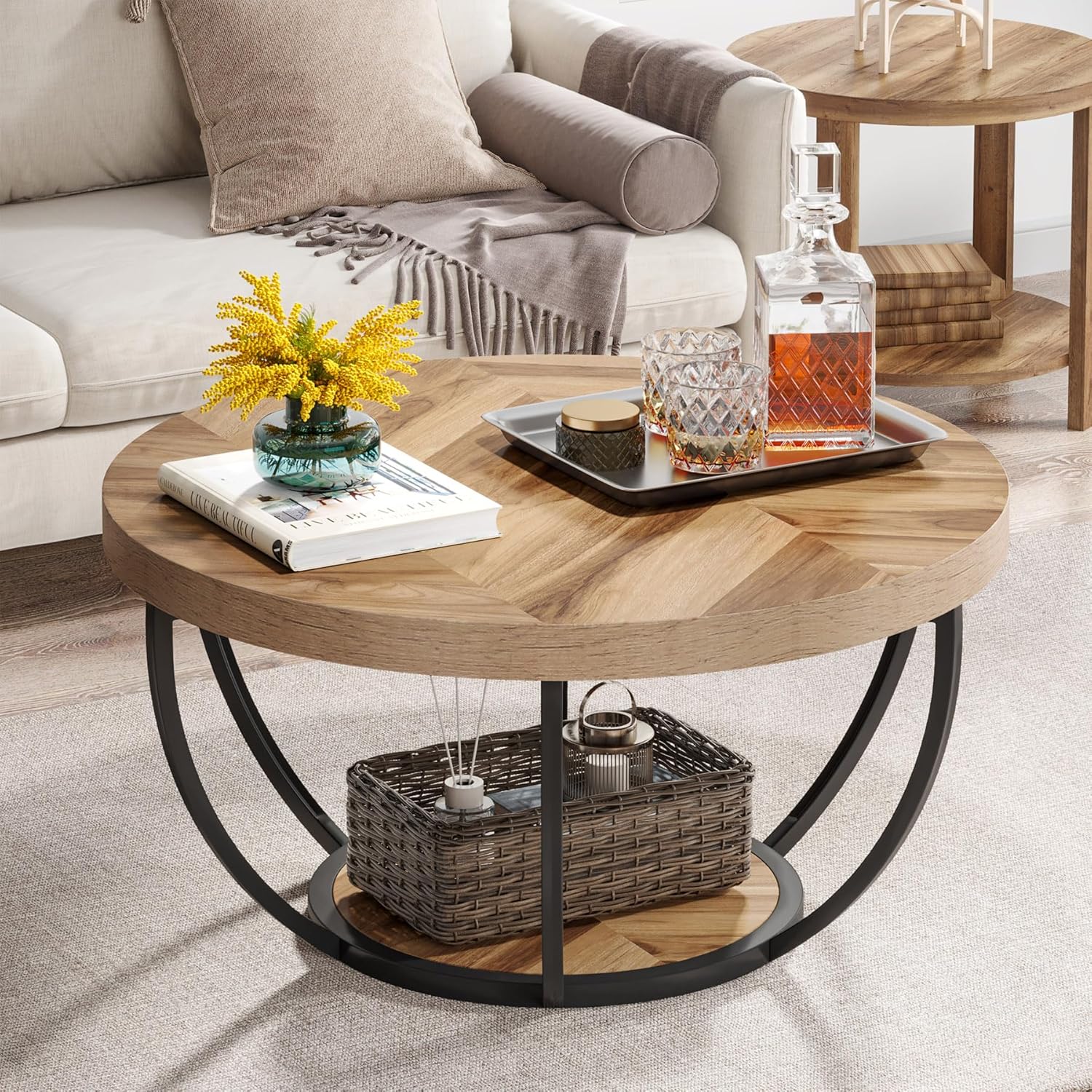 Table Basse Ronde – Bois et métal Ø80 cm