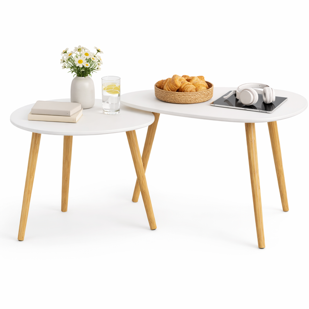 Tables Basses Gigognes Ovales – Lot de 2 Design Scandinave Blanc & Bois