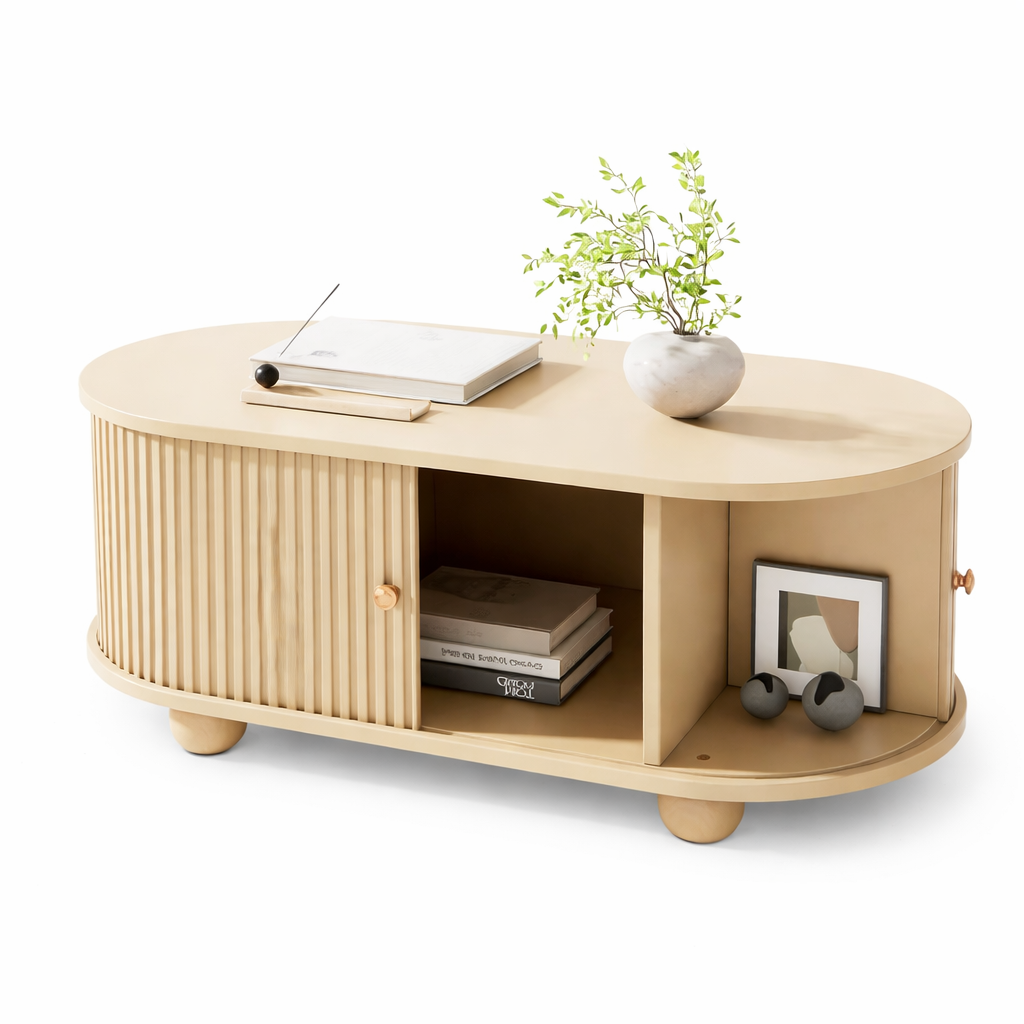 Table Basse Ovale 100 × 50 cm – Bois Naturel & Rangement