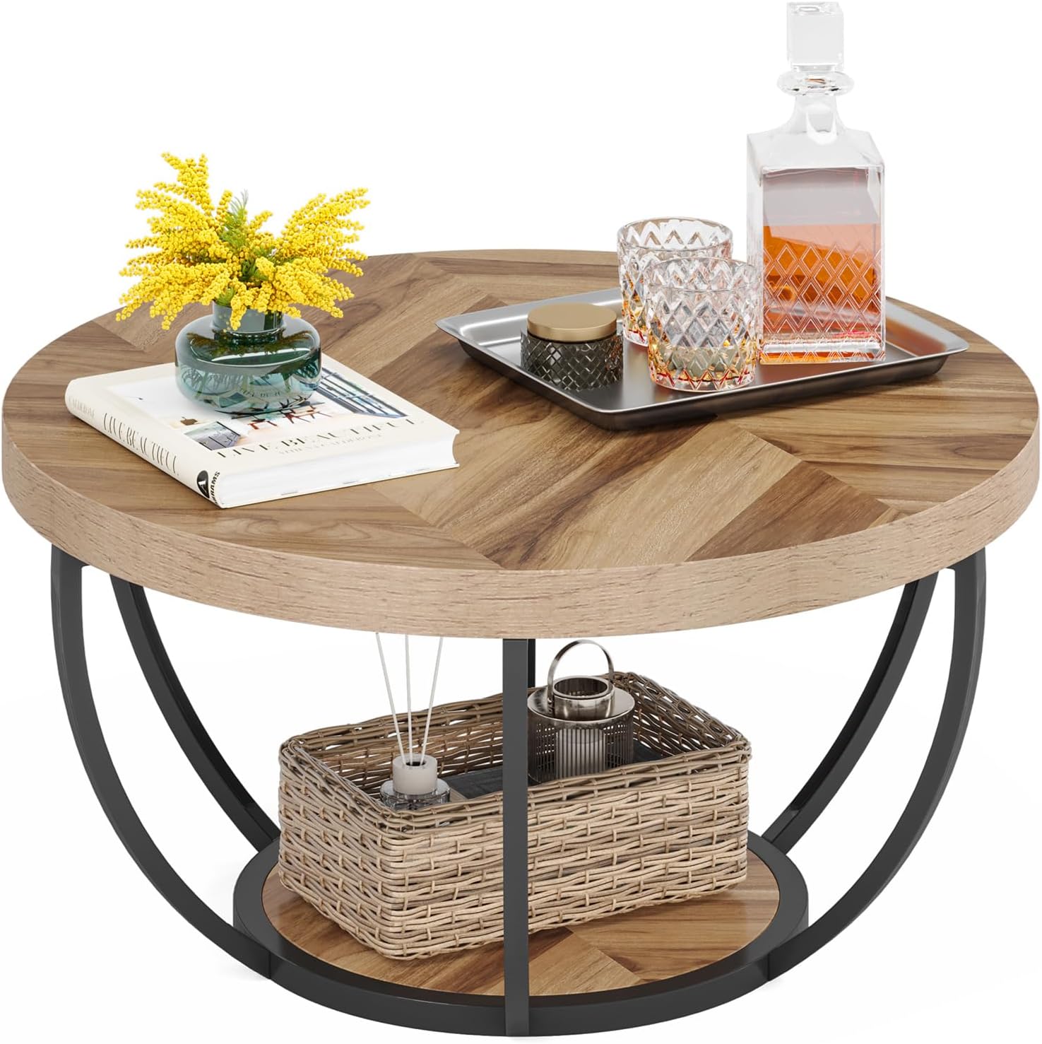 Table Basse Ronde – Bois et métal Ø80 cm